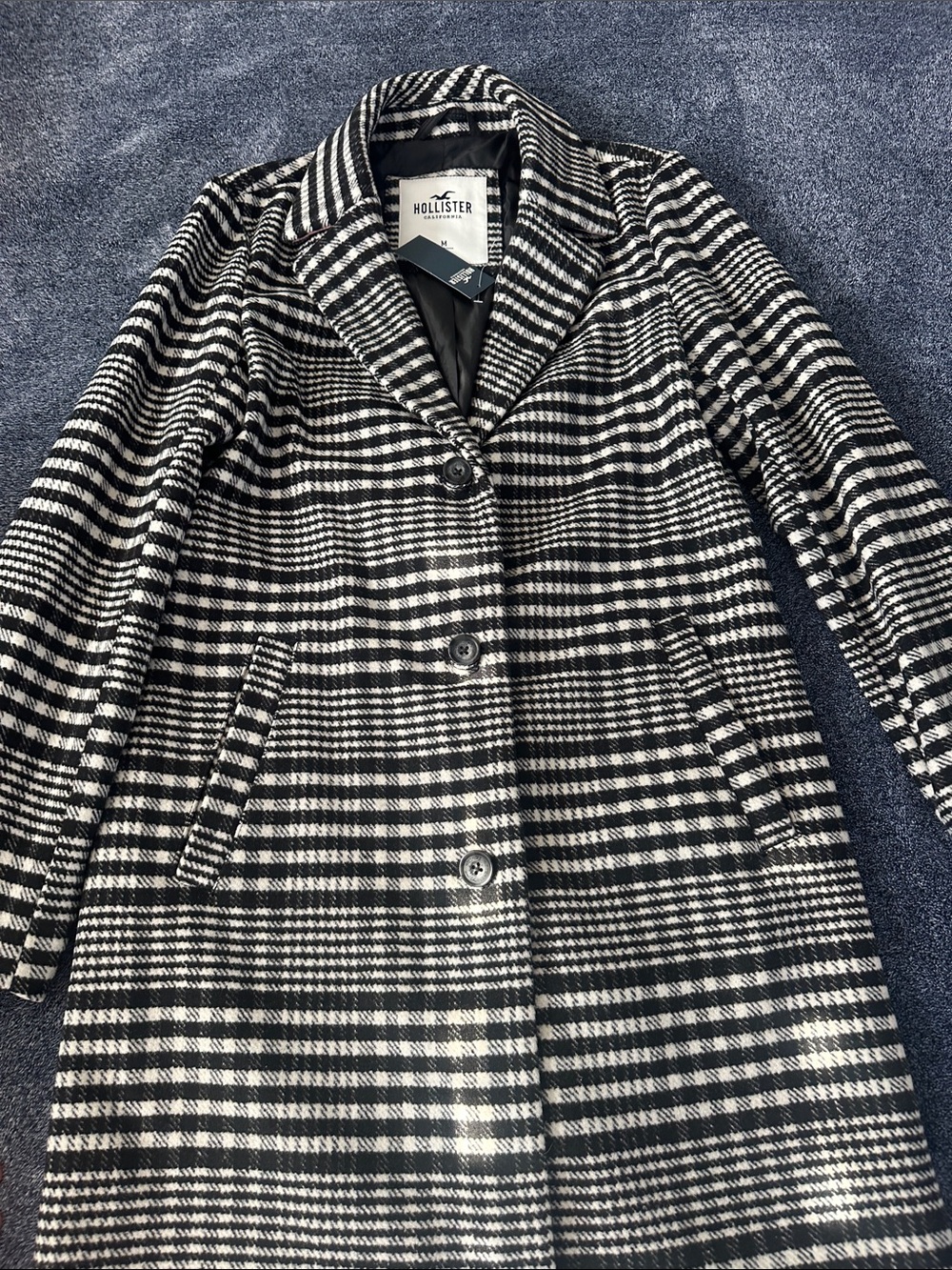 Hollister Black and White Plaid Pea Coat